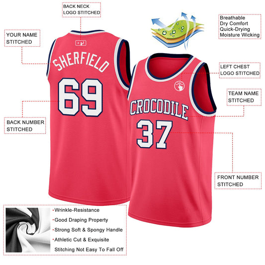 Custom Neon Pink White-Navy Authentic Basketball Jersey - Sky-Custom