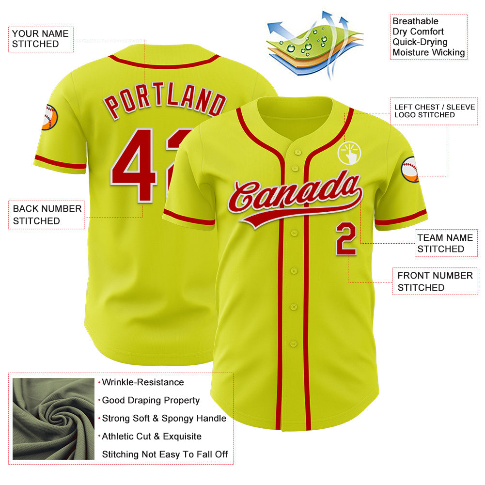 Custom Neon Yellow Red-White Authentic Baseball Jersey - Sky-Custom