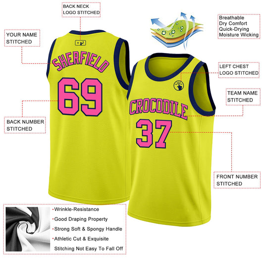Custom Neon Yellow Pink-Navy Authentic Basketball Jersey - Sky-Custom