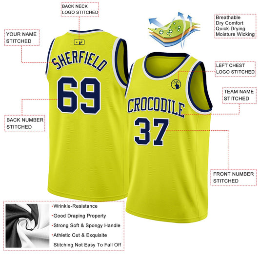 Custom Neon Yellow Navy-White Authentic Basketball Jersey - Sky-Custom