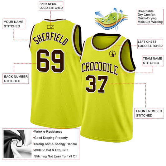 Custom Neon Yellow Brown-White Authentic Basketball Jersey - Sky-Custom