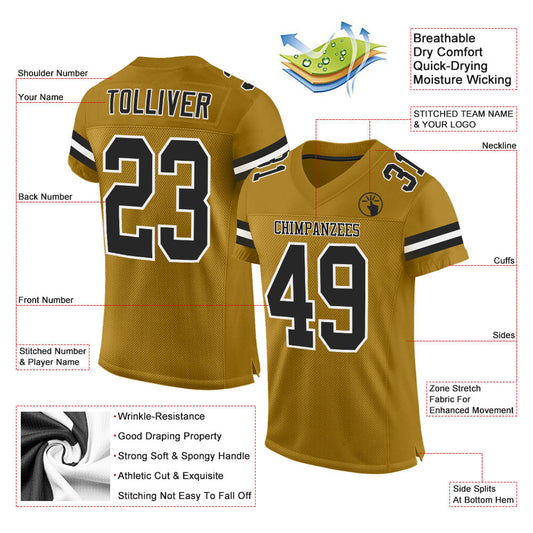 Custom Old Gold Black-White Mesh Authentic Football Jersey - Sky-Custom