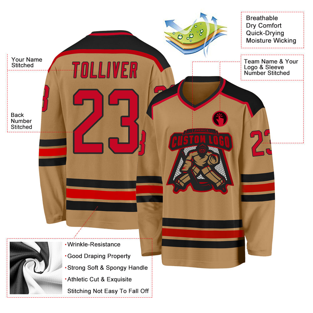 Custom Old Gold Red-Black Hockey Jersey - Sky-Custom