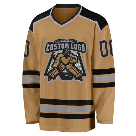 Custom Old Gold Black-Gray Hockey Jersey - Sky-Custom