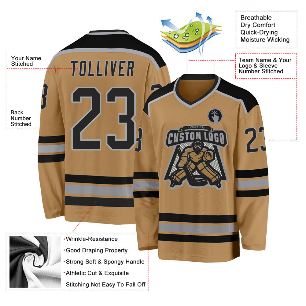 Custom Old Gold Black-Gray Hockey Jersey - Sky-Custom