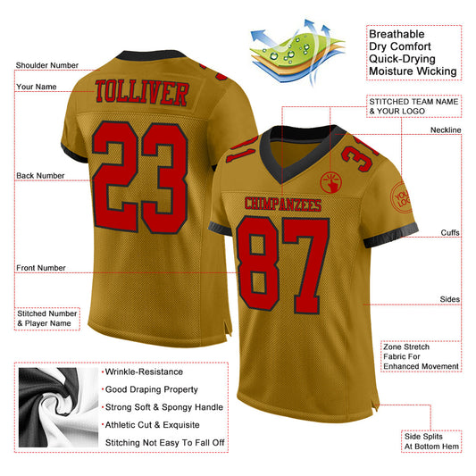 Custom Old Gold Red-Black Mesh Authentic Football Jersey - Sky-Custom