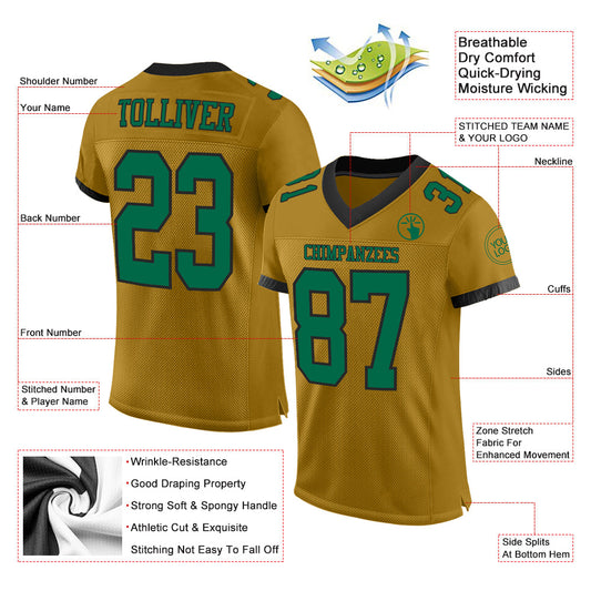 Custom Old Gold Kelly Green-Black Mesh Authentic Football Jersey - Sky-Custom