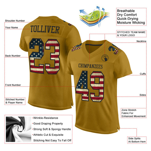 Custom Old Gold Vintage USA Flag-Black Mesh Authentic Football Jersey - Sky-Custom