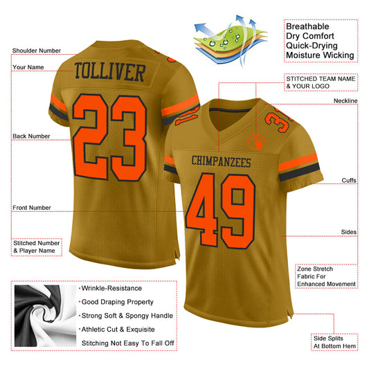 Custom Old Gold Orange-Black Mesh Authentic Football Jersey - Sky-Custom