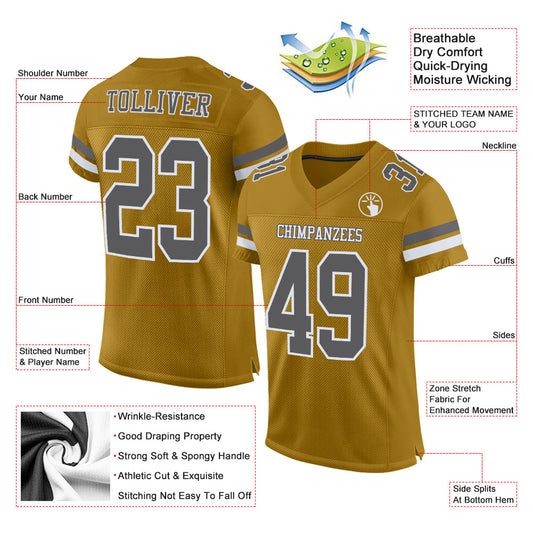 Custom Old Gold Steel Gray-White Mesh Authentic Football Jersey - Sky-Custom