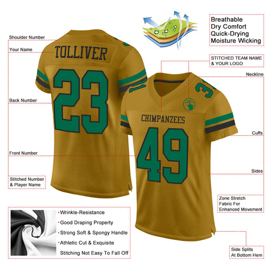 Custom Old Gold Kelly Green-Black Mesh Authentic Football Jersey - Sky-Custom