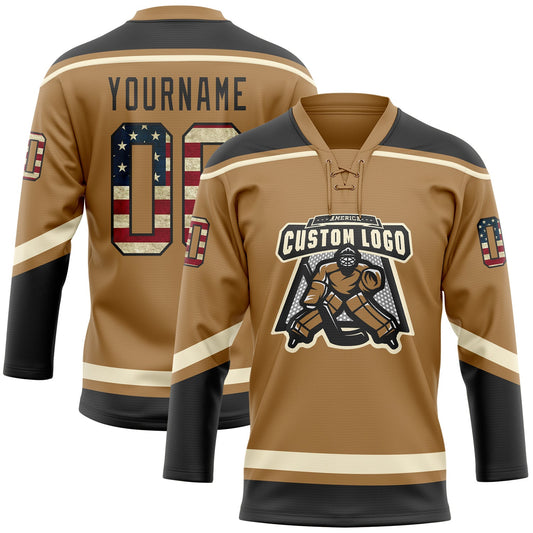 Custom Old Gold Vintage USA Flag Black-Cream Hockey Lace Neck Jersey - Sky-Custom