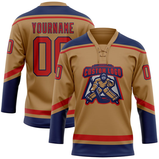 Custom Old Gold Red-Navy Hockey Lace Neck Jersey - Sky-Custom