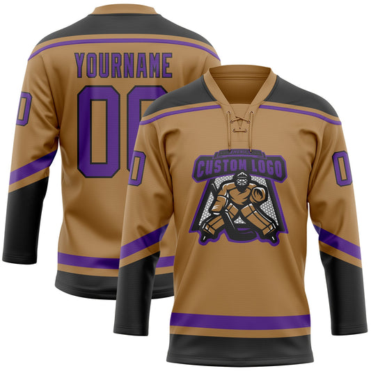 Custom Old Gold Purple-Black Hockey Lace Neck Jersey - Sky-Custom
