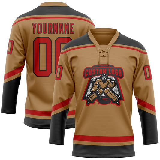 Custom Old Gold Red-Black Hockey Lace Neck Jersey - Sky-Custom