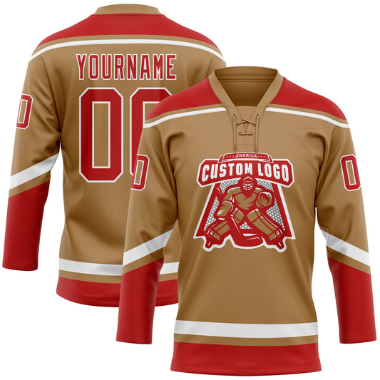 Custom Old Gold Red-White Hockey Lace Neck Jersey - Sky-Custom