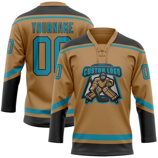 Custom Old Gold Teal-Black Hockey Lace Neck Jersey - Sky-Custom