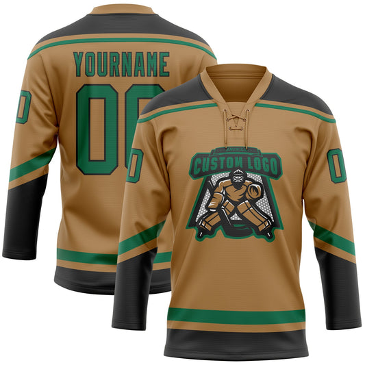 Custom Old Gold Kelly Green-Black Hockey Lace Neck Jersey - Sky-Custom