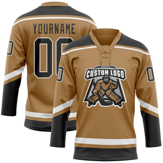Custom Old Gold Black-White Hockey Lace Neck Jersey - Sky-Custom