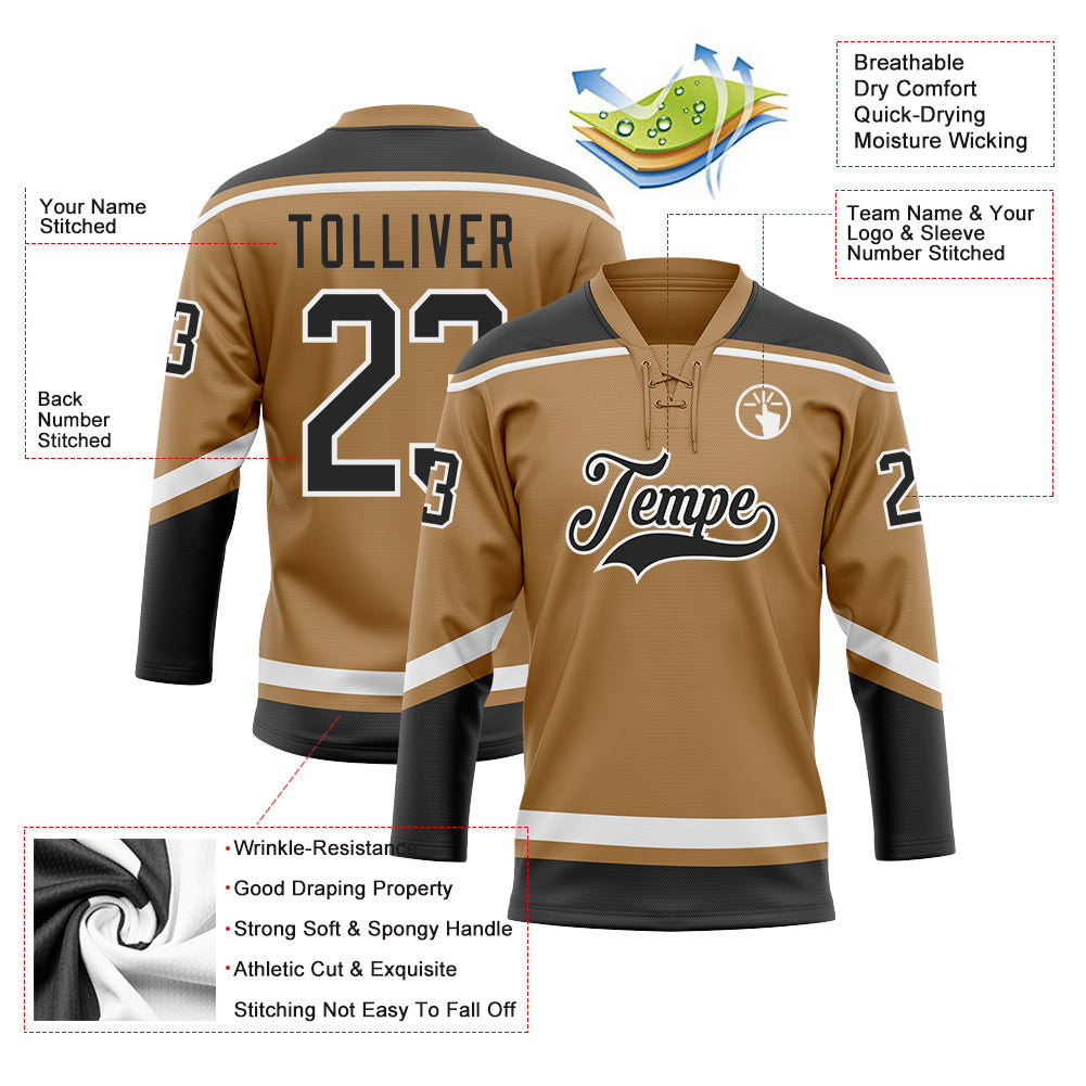 Custom Old Gold Black-White Hockey Lace Neck Jersey - Sky-Custom