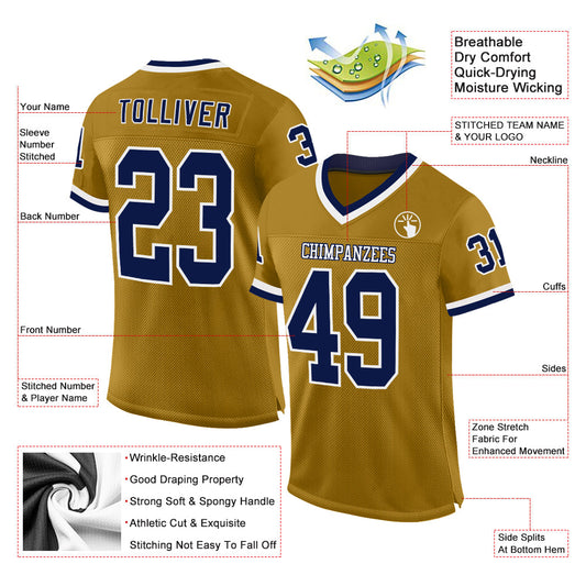 Custom Old Gold Navy-White Mesh Authentic Throwback Football Jersey - Sky-Custom