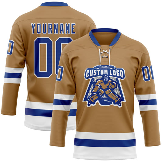 Custom Old Gold Royal-White Hockey Lace Neck Jersey - Sky-Custom