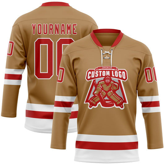 Custom Old Gold Red-White Hockey Lace Neck Jersey - Sky-Custom