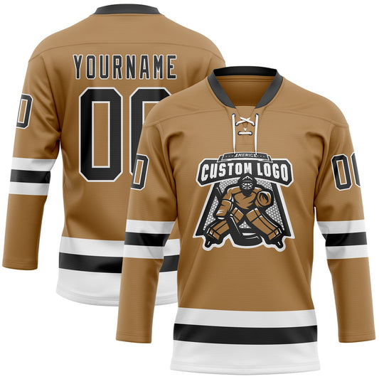 Custom Old Gold Black-White Hockey Lace Neck Jersey - Sky-Custom