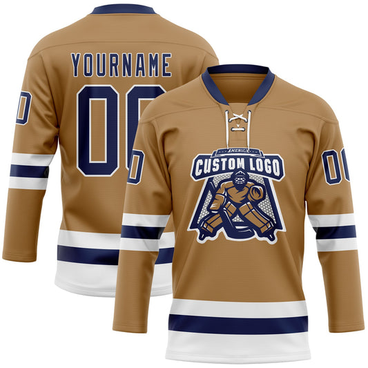 Custom Old Gold Navy-White Hockey Lace Neck Jersey - Sky-Custom