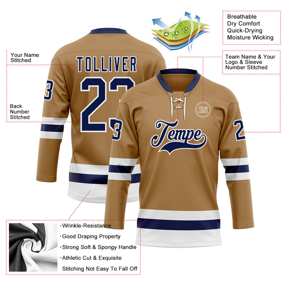 Custom Old Gold Navy-White Hockey Lace Neck Jersey - Sky-Custom