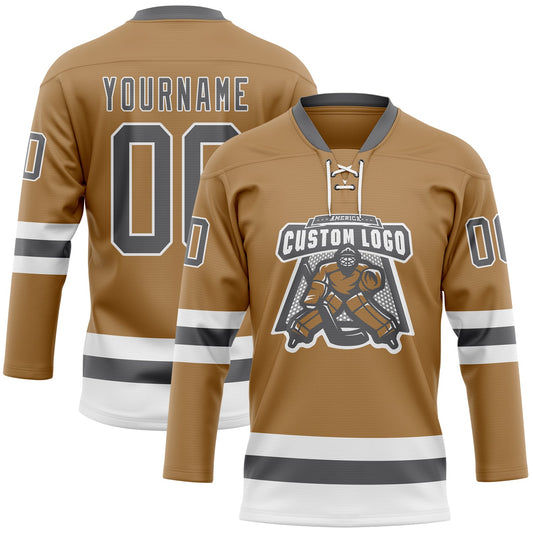 Custom Old Gold Steel Gray-White Hockey Lace Neck Jersey - Sky-Custom