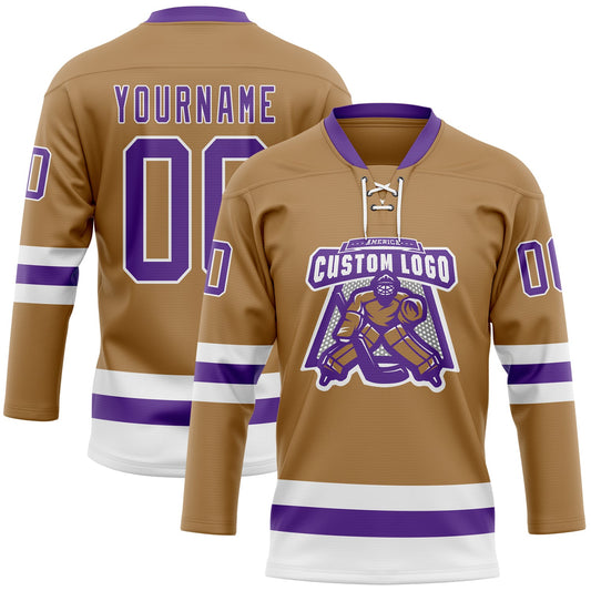 Custom Old Gold Purple-White Hockey Lace Neck Jersey - Sky-Custom
