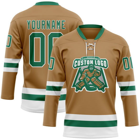 Custom Old Gold Kelly Green-White Hockey Lace Neck Jersey - Sky-Custom