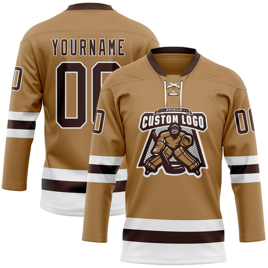 Custom Old Gold Brown-White Hockey Lace Neck Jersey - Sky-Custom