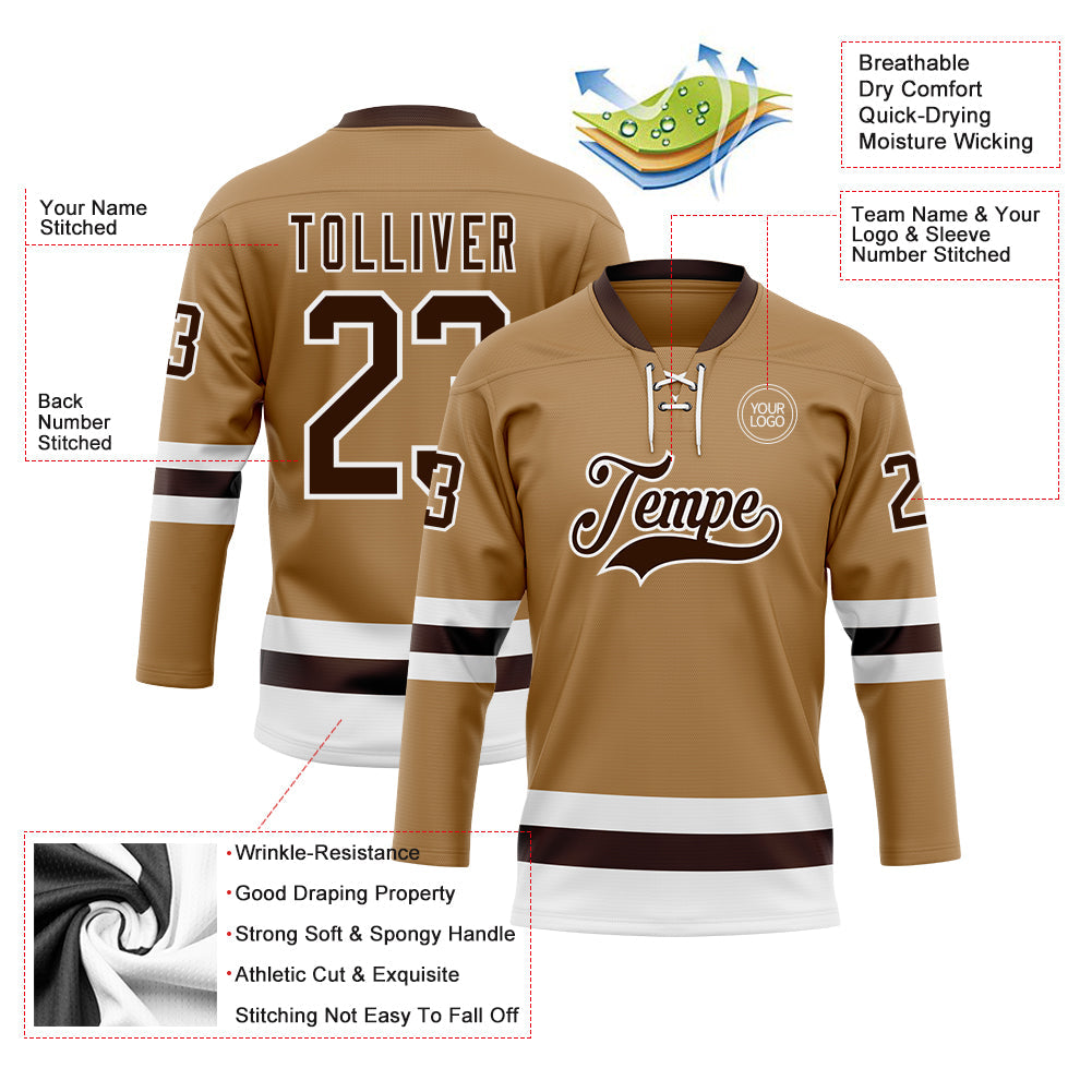 Custom Old Gold Brown-White Hockey Lace Neck Jersey - Sky-Custom