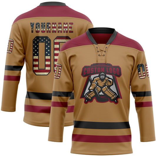 Custom Old Gold Vintage USA Flag Black-Crimson Hockey Lace Neck Jersey - Sky-Custom