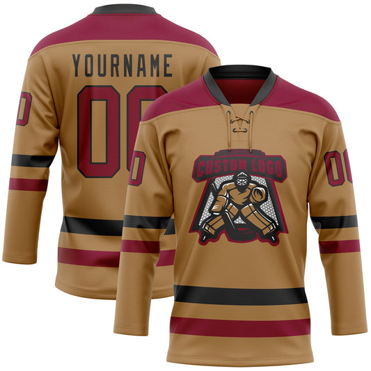 Custom Old Gold Maroon-Black Hockey Lace Neck Jersey - Sky-Custom