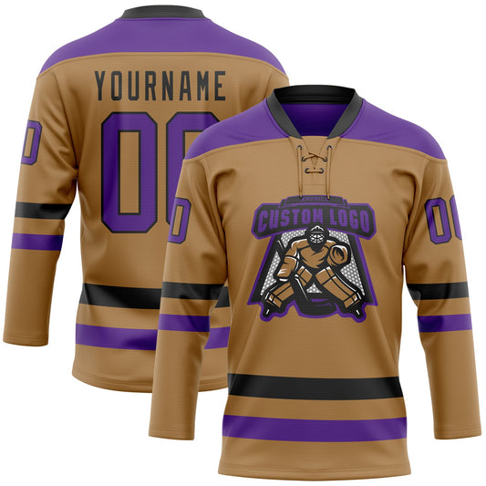Custom Old Gold Purple-Black Hockey Lace Neck Jersey - Sky-Custom