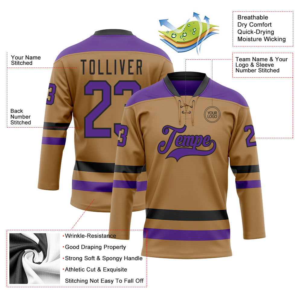 Custom Old Gold Purple-Black Hockey Lace Neck Jersey - Sky-Custom