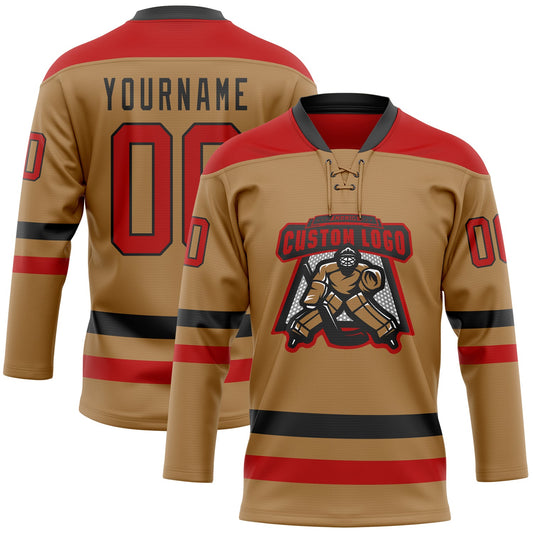 Custom Old Gold Red-Black Hockey Lace Neck Jersey - Sky-Custom