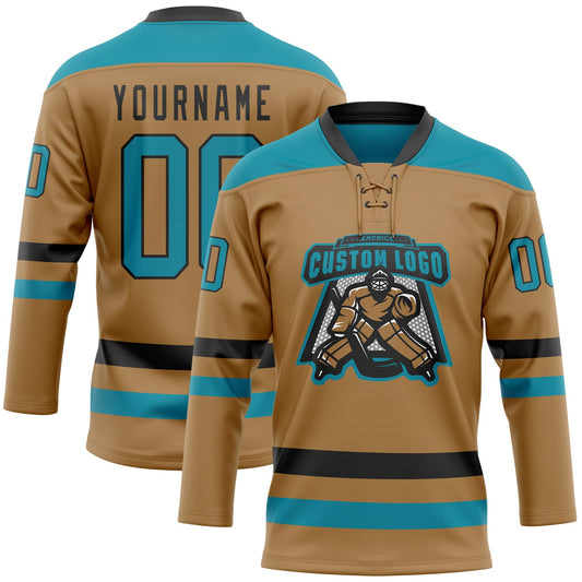 Custom Old Gold Teal-Black Hockey Lace Neck Jersey - Sky-Custom