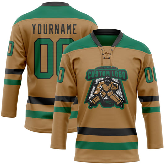 Custom Old Gold Kelly Green-Black Hockey Lace Neck Jersey - Sky-Custom