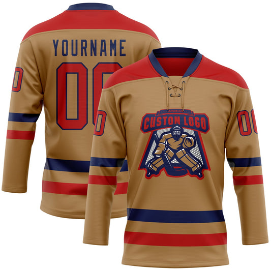 Custom Old Gold Red-Navy Hockey Lace Neck Jersey - Sky-Custom