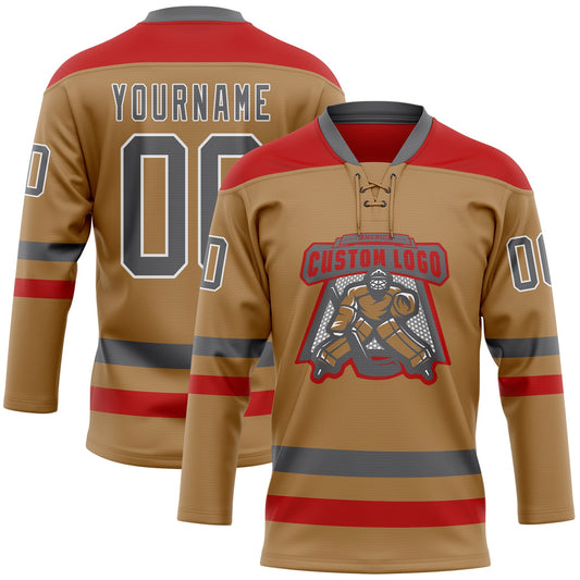 Custom Old Gold Steel Gray-Red Hockey Lace Neck Jersey - Sky-Custom