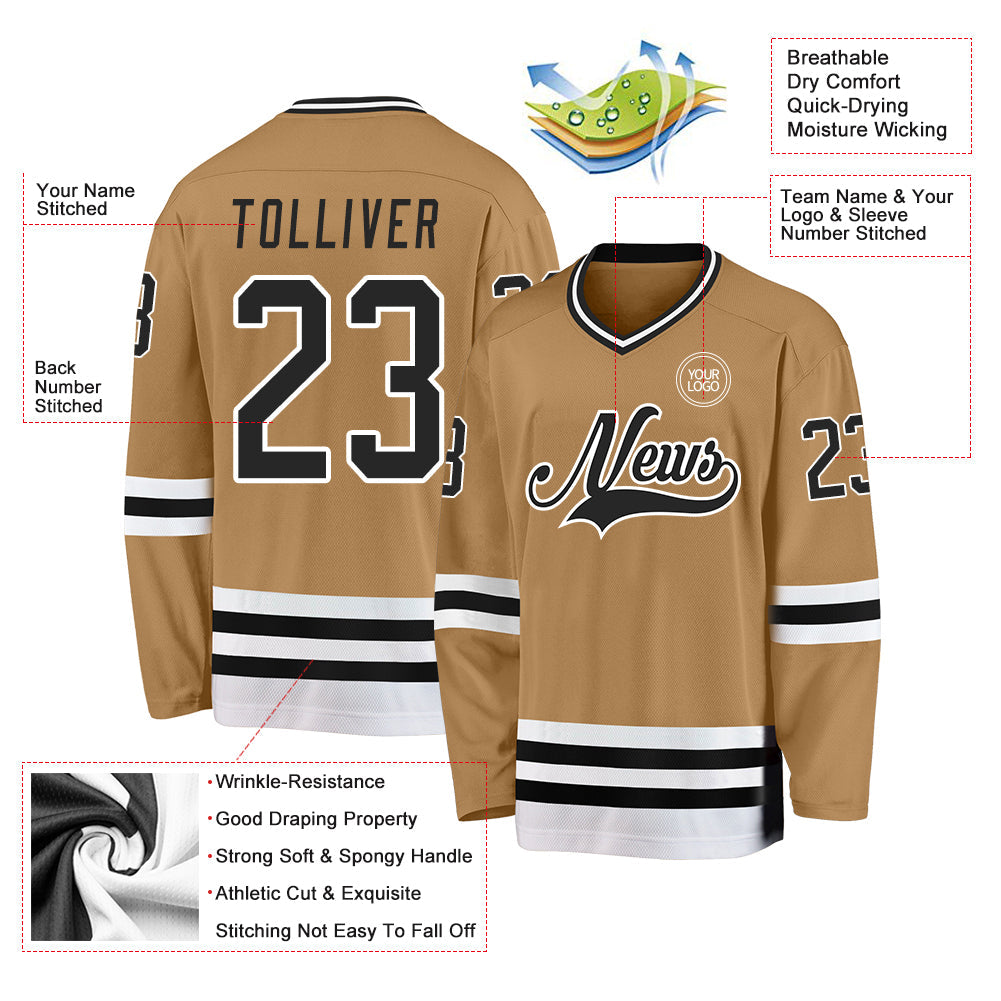 Custom Old Gold Black-White Hockey Jersey - Sky-Custom