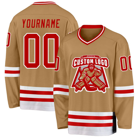 Custom Old Gold Red-White Hockey Jersey - Sky-Custom