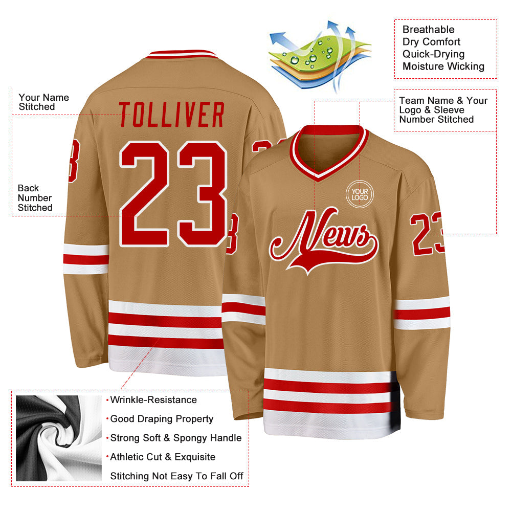 Custom Old Gold Red-White Hockey Jersey - Sky-Custom