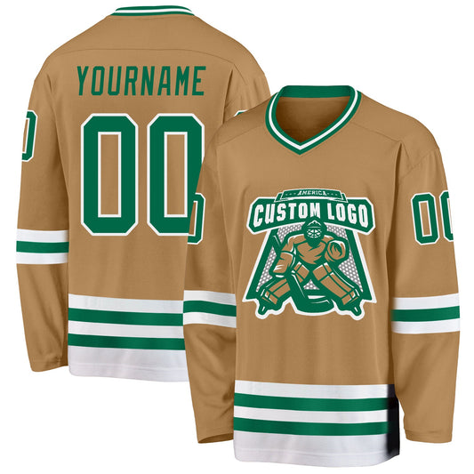 Custom Old Gold Kelly Green-White Hockey Jersey - Sky-Custom