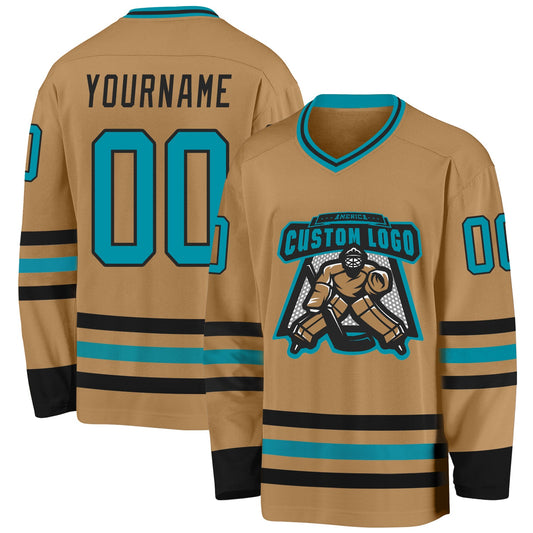 Custom Old Gold Teal-Black Hockey Jersey - Sky-Custom