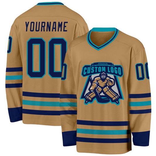 Custom Old Gold Navy-Teal Hockey Jersey - Sky-Custom